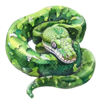 Stunning Watercolor Painting of a Green Tree Python Coiled in a Circle png