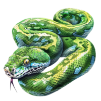 Stunning Watercolor Painting of a Green Tree Python Snake Showing Intricate Scales and Vibrant Colors png