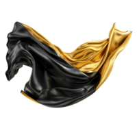 Abstract image of black and gold fabric flowing in the air, luxurious elegant textile background, 3D rendering, dramatic elegant design, wavy silk cloth png