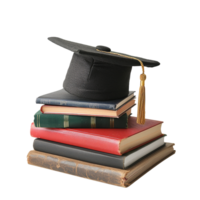 Graduation Cap Resting Atop a Stack of Old Books, Symbolizing Education and Knowledge png