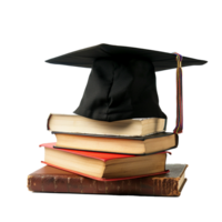Graduation Cap Resting on a Stack of Old Books, Symbolizing Education and Knowledge png