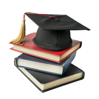 A Black Graduation Cap Rests Atop a Stack of Three Books Representing Academic Achievement and Knowledge png