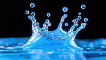 Close up of water droplets splashing in slow motion, creating a beautiful crown shape against a dark background, showcasing the elegance of liquid dynamics. photo