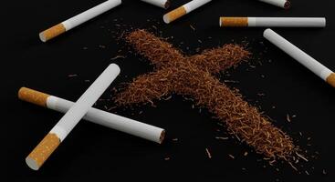 Cigarettes arranged in a cross pattern with tobacco scattered in the center, symbolizing smoking cessation or anti smoking message, on a black background. photo