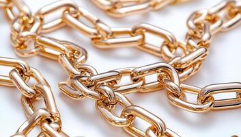 Close up of intertwined gold chains, showcasing their shiny texture and intricate links, symbolizing wealth and luxury. photo