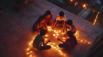 Four children sitting on the ground with candles photo