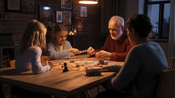 Grandparents playing board game with their grandchildren photo