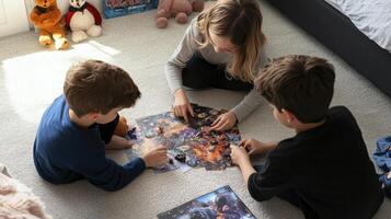 Three children playing with a puzzle on the floor photo