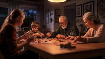 An older man and woman playing a board game with their children photo