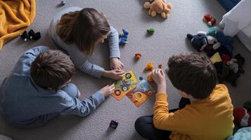 Three children playing with toys on the floor photo