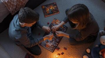 Two children playing a board game on the floor photo
