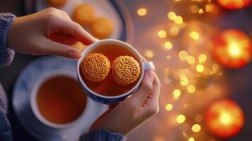 A person holding a cup of tea with cookies photo