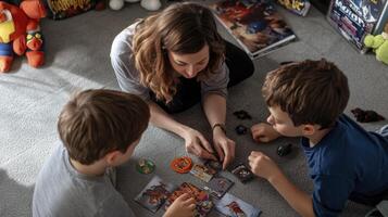 A woman and two boys playing a board game photo