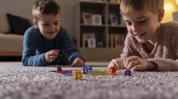 Two boys playing a board game on the floor photo