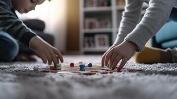 Two children playing a board game on the floor photo