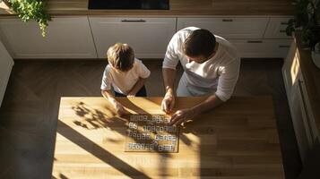 A man and a child playing with letters on a wooden table photo