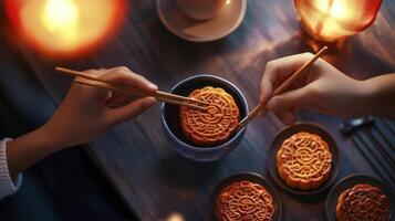 Hands holding chopsticks over a bowl of mooncakes photo
