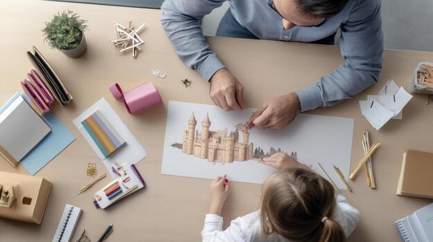 A man and a little girl are drawing on paper with a castle photo