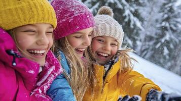 Three girls in winter clothing smiling and taking a selfie photo