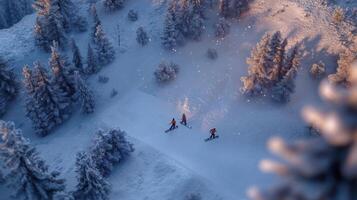 Skiers are skiing down a snowy slope photo