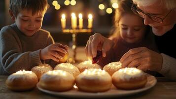 An older man and two children lighting candles on a plate photo