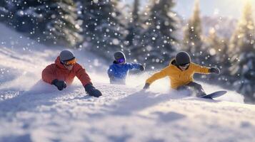 Three people are riding snowboards down a snowy slope photo