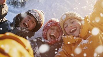 Three children are laughing in the snow photo