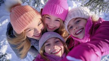 Three girls in pink hats taking a selfie photo