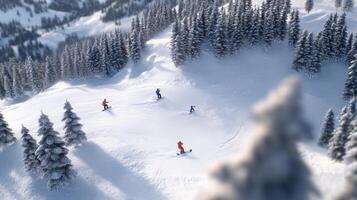 A group of people skiing down a snowy slope photo