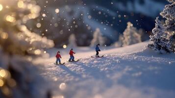 A miniature snow scene with two people on skis photo