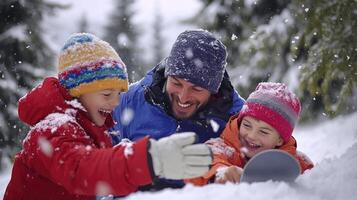 A man and two children playing in the snow photo