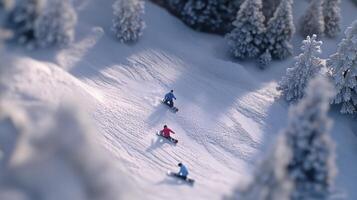 Two people are snowboarding down a snowy slope photo