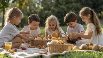 Four children sitting on a blanket eating fruit photo