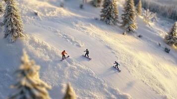 Three people are skiing down a snowy slope photo