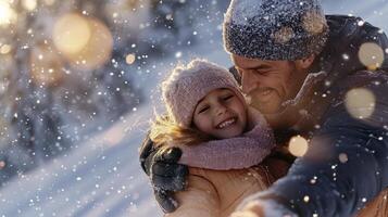 A man and a little girl are having fun in the snow photo