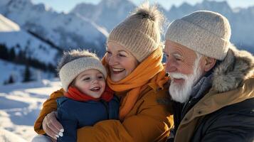 An elderly couple and their child are smiling in the snow photo