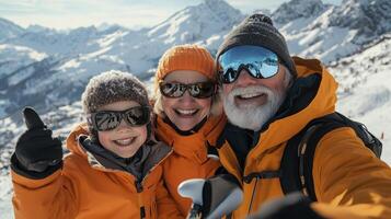 A family taking a selfie on a snowy mountain photo