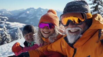 Three people in ski gear taking a selfie photo