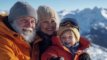 An older couple and their child are posing for a photo on a snowy mountain