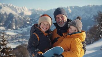 A family of three standing on a snowy mountain photo