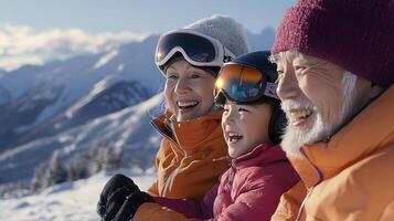 An older couple and their young daughter are smiling while standing on a snowy mountain photo