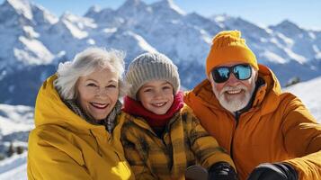 An older couple and their two children are posing for a photo on a snowy mountain