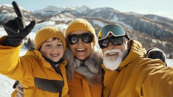A family taking a selfie on the ski slopes photo