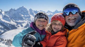 A family posing for a photo on a snowy mountain