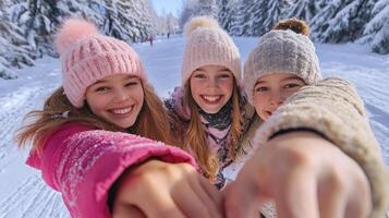 Three girls in winter clothes taking a selfie photo