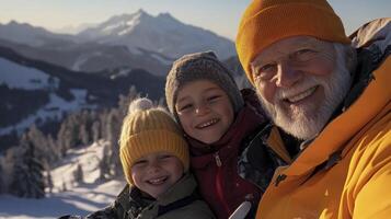An older man and two children are smiling in the snow photo