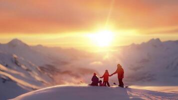 A family is standing on a snowy mountain with the sun setting photo