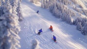 Three people are skiing down a snowy slope photo