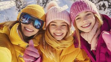 Three girls in winter clothes smiling and giving the thumbs up photo