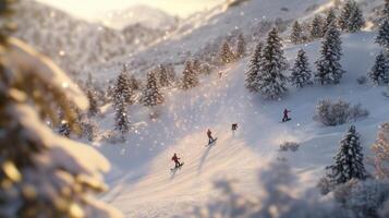 A group of people skiing down a snowy slope photo